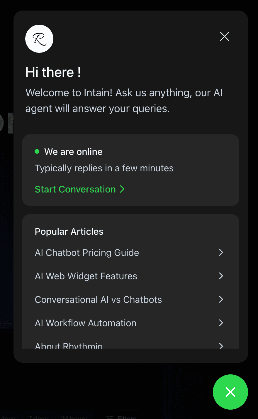 AI support chatbot, Answers website questions 24/7, hands the hard ones to a human.